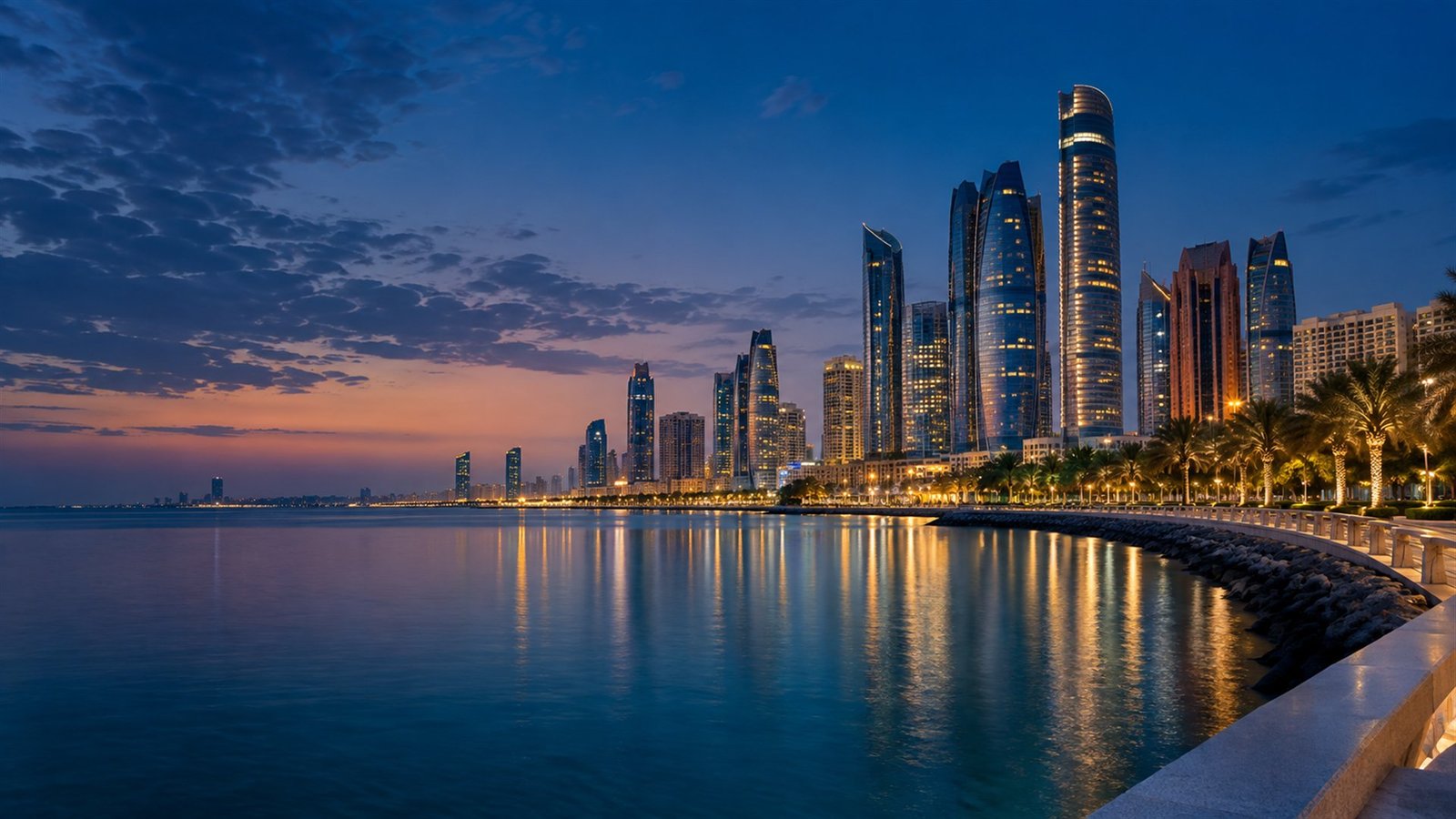 Abu Dhabi waterfront skyline glowing at blue hour