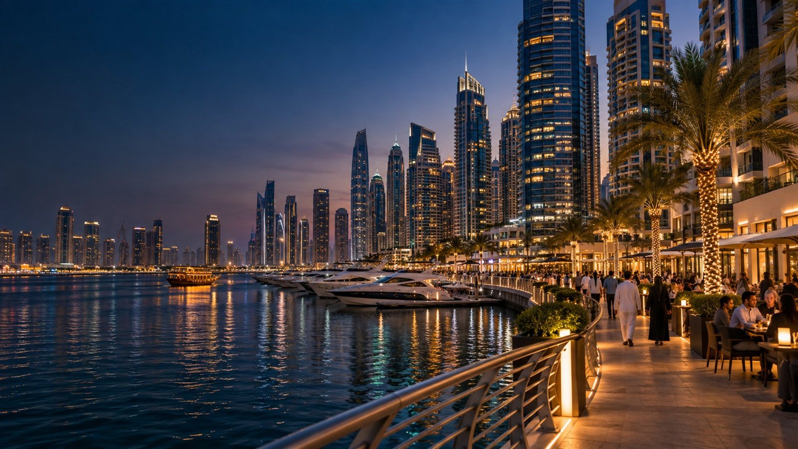 Lively Dubai Marina waterfront with towers, restaurants and visitors