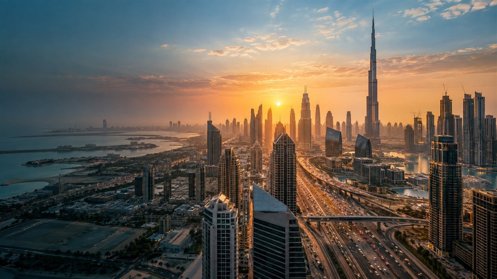 Cinematic sunrise over the Dubai skyline and its active city roads